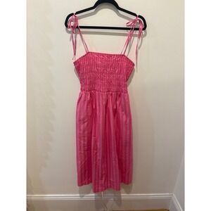 New Day Pink Striped Smocked Midi Dress Tie Straps Pockets Size M